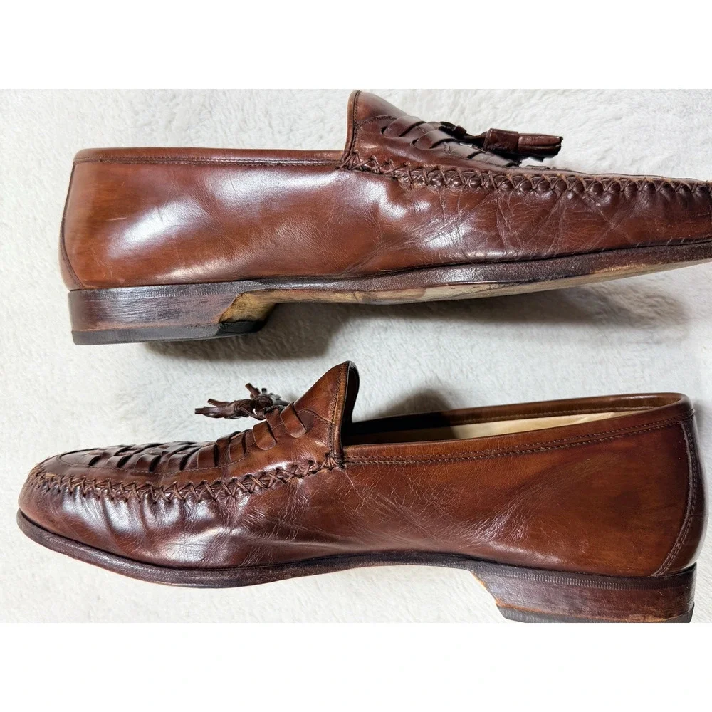 VTG Johnston & Murphy Italy Woven Leather Tassel Loafers Mens SZ 9 M Cognac